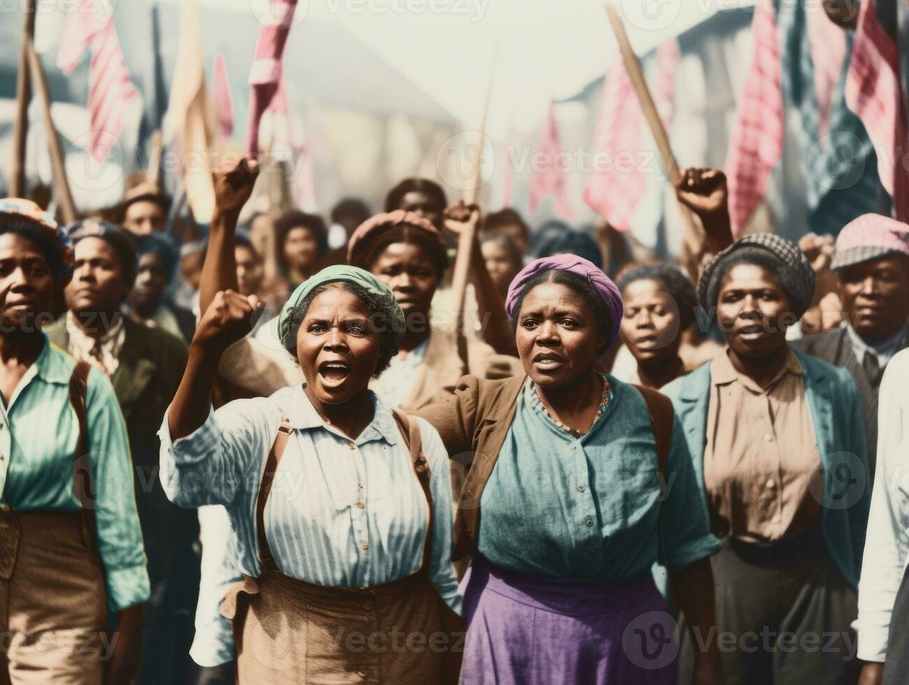 Historic colored photo of a woman leading a protest AI Generative