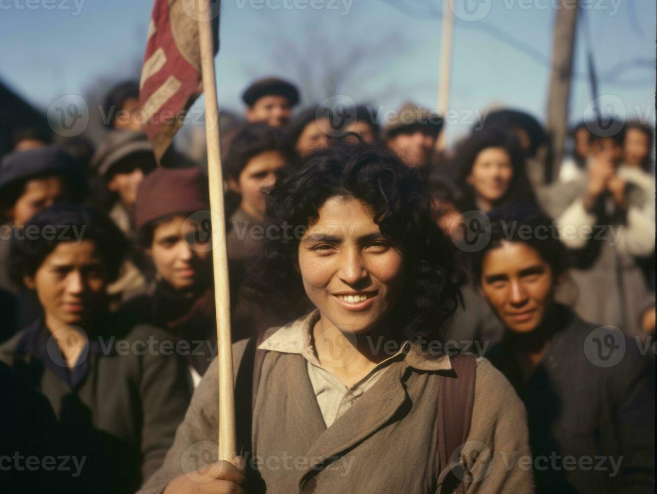 histórico de colores foto de un mujer líder un protesta ai generativo