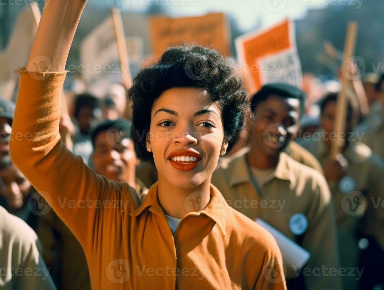 histórico de colores foto de un mujer líder un protesta ai generativo