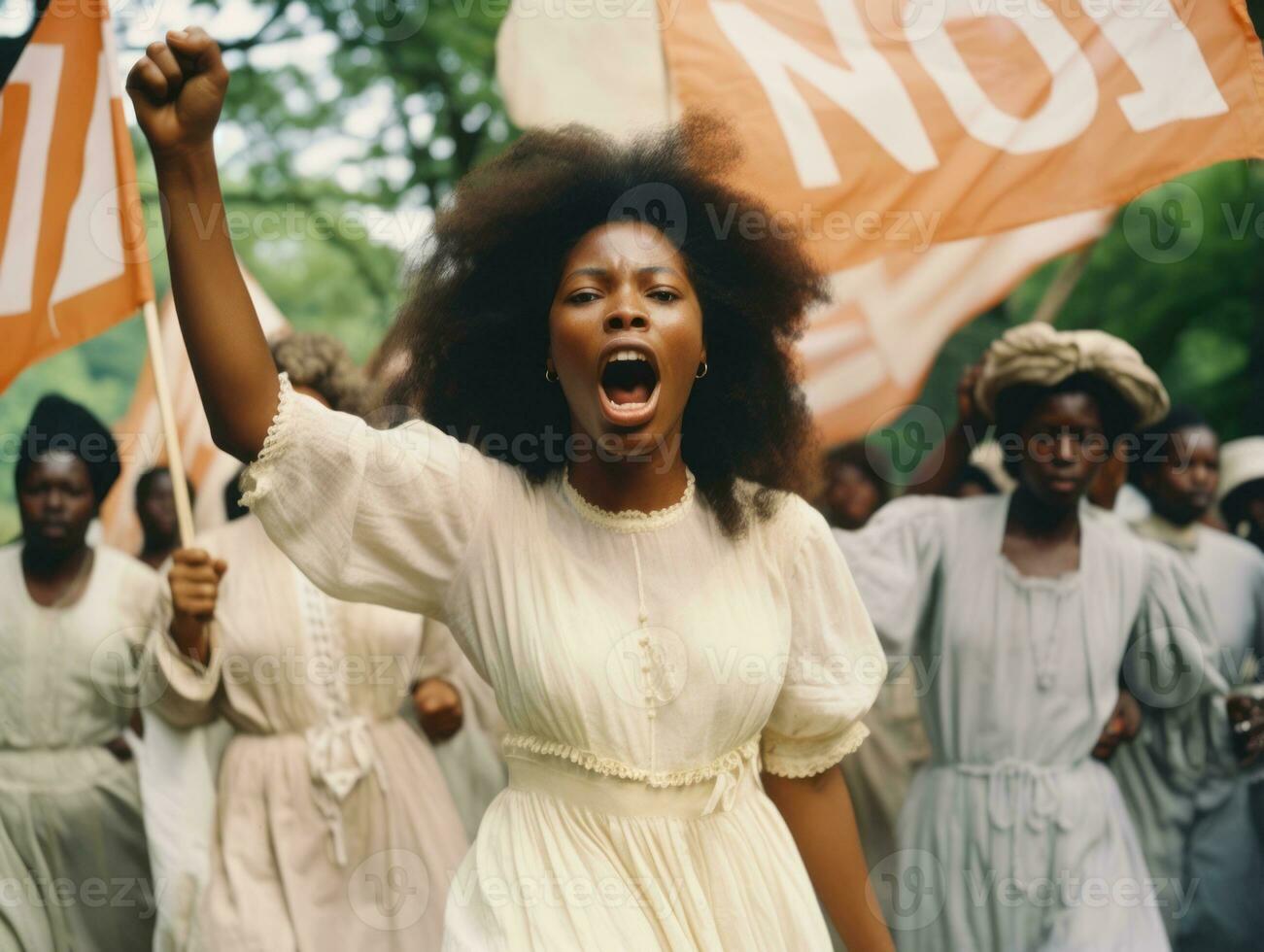 Historic colored photo of a woman leading a protest AI Generative
