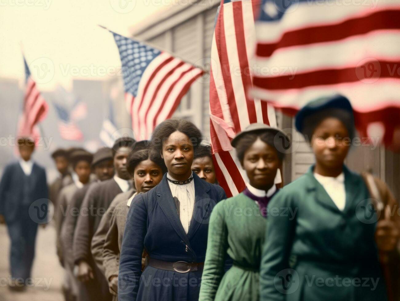 Historic colored photo of a woman leading a protest AI Generative