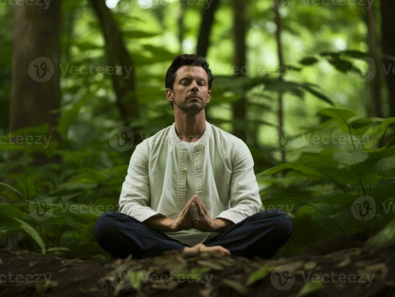 Man meditating in the bosom of nature AI Generative photo