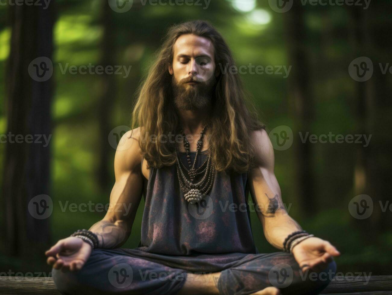 Man meditating in the bosom of nature AI Generative photo