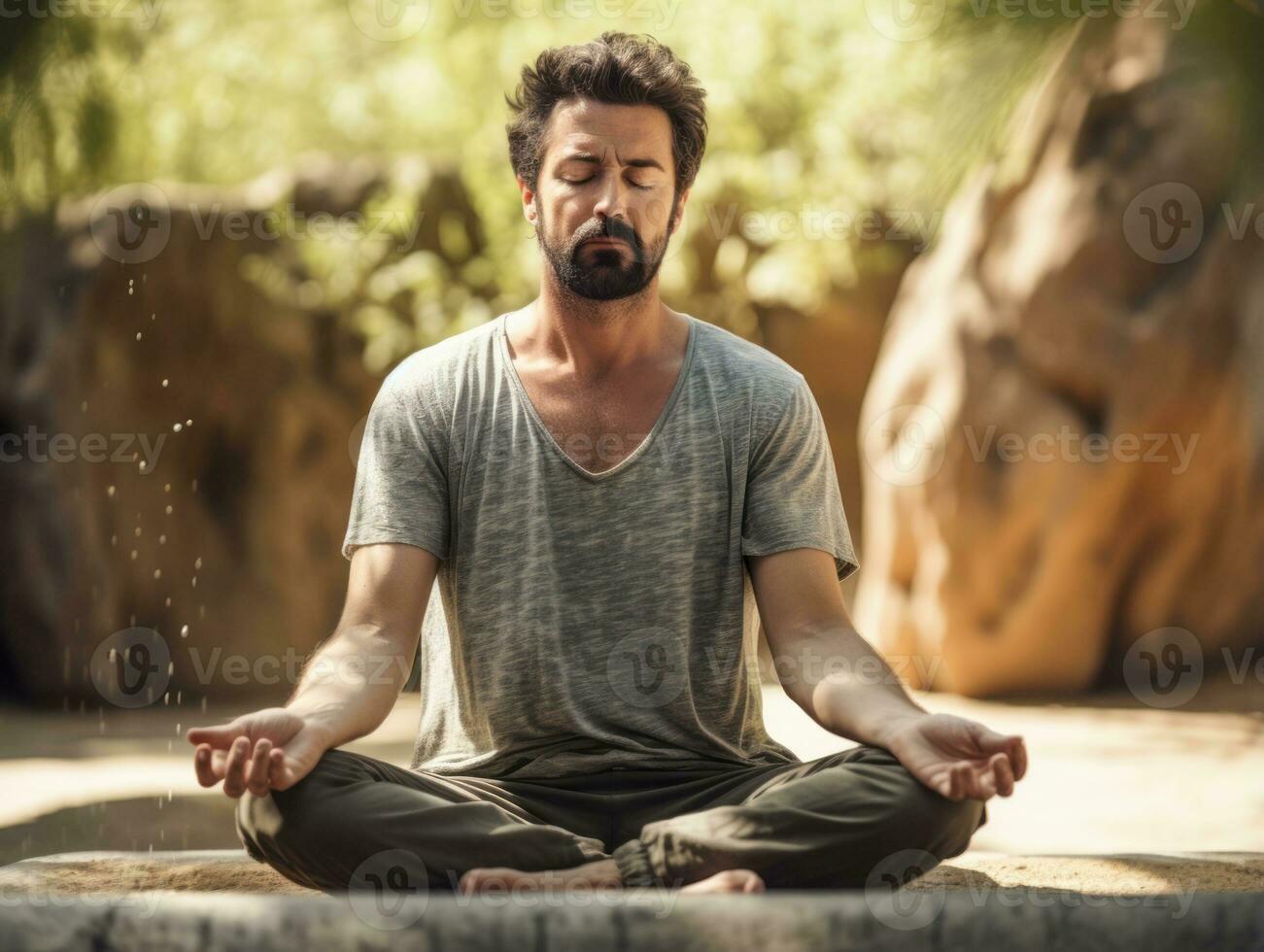 hombre meditando en el seno de naturaleza ai generativo foto