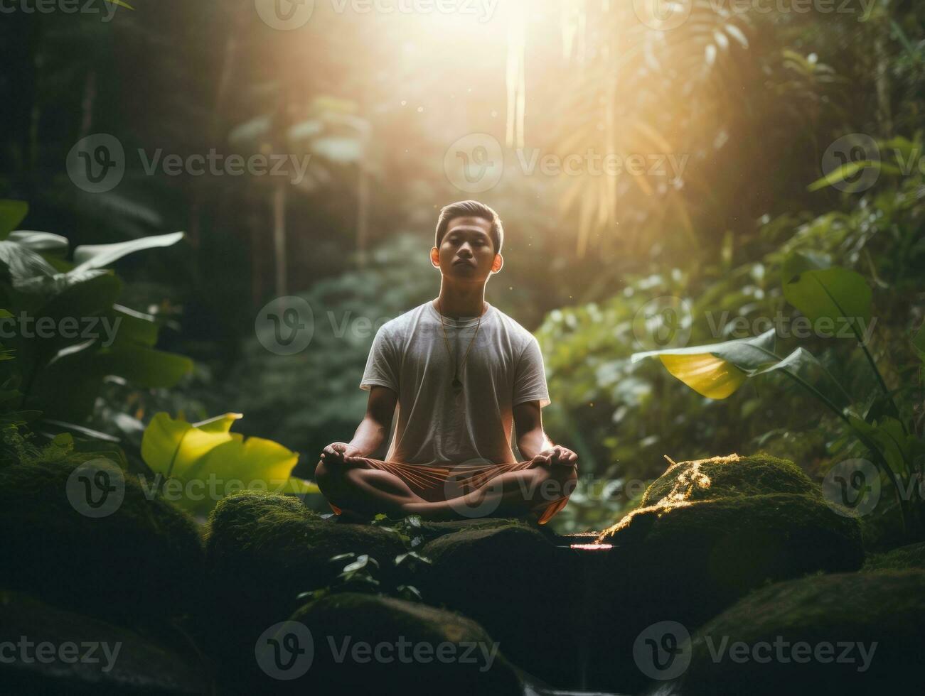Man meditating in the bosom of nature AI Generative photo