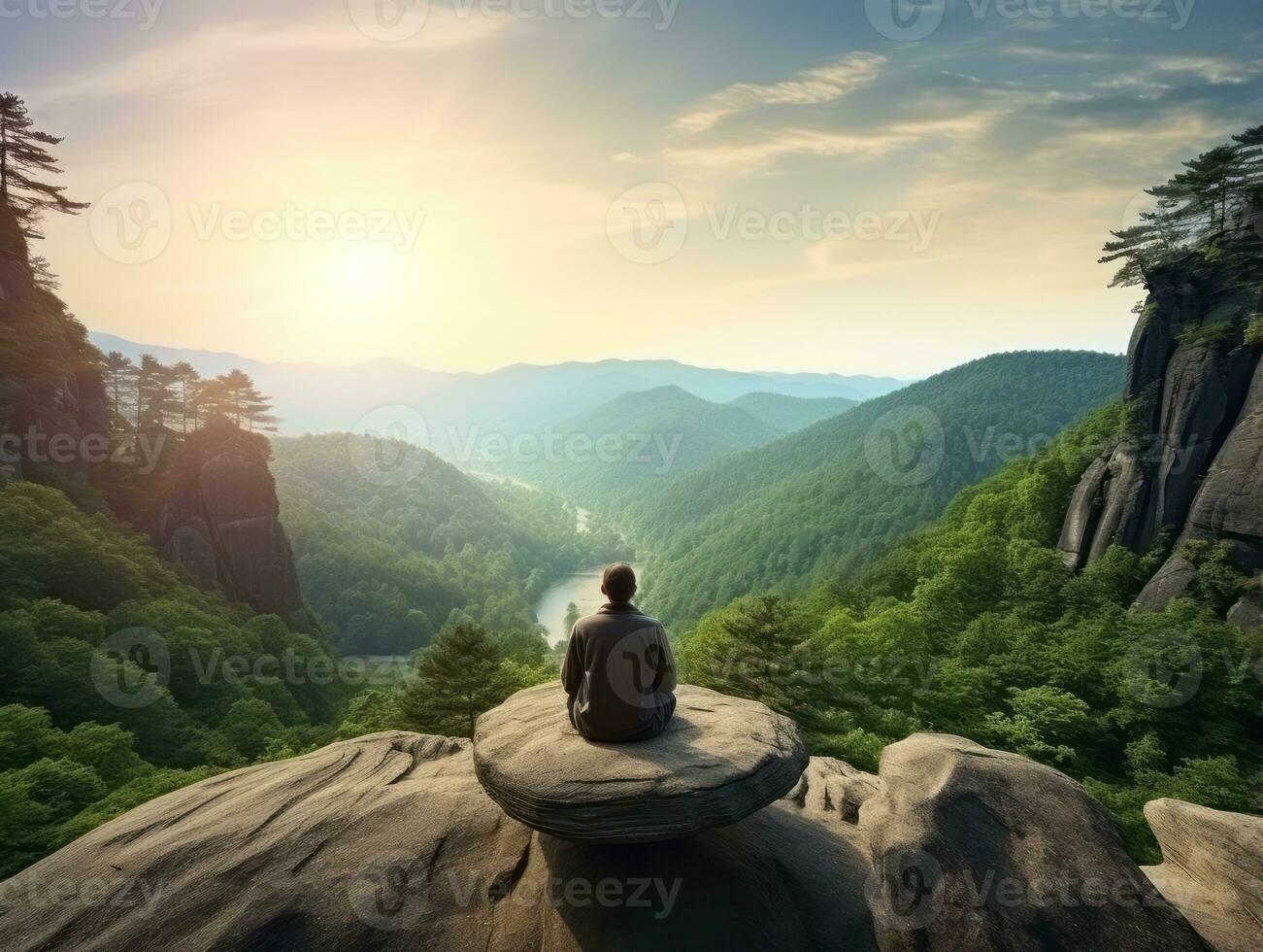 Man meditating in the bosom of nature AI Generative photo