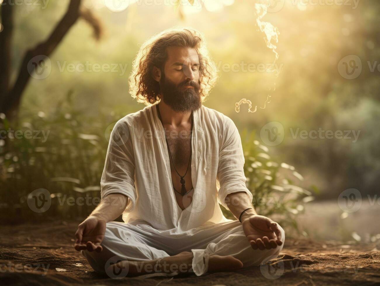 hombre meditando en el seno de naturaleza ai generativo foto