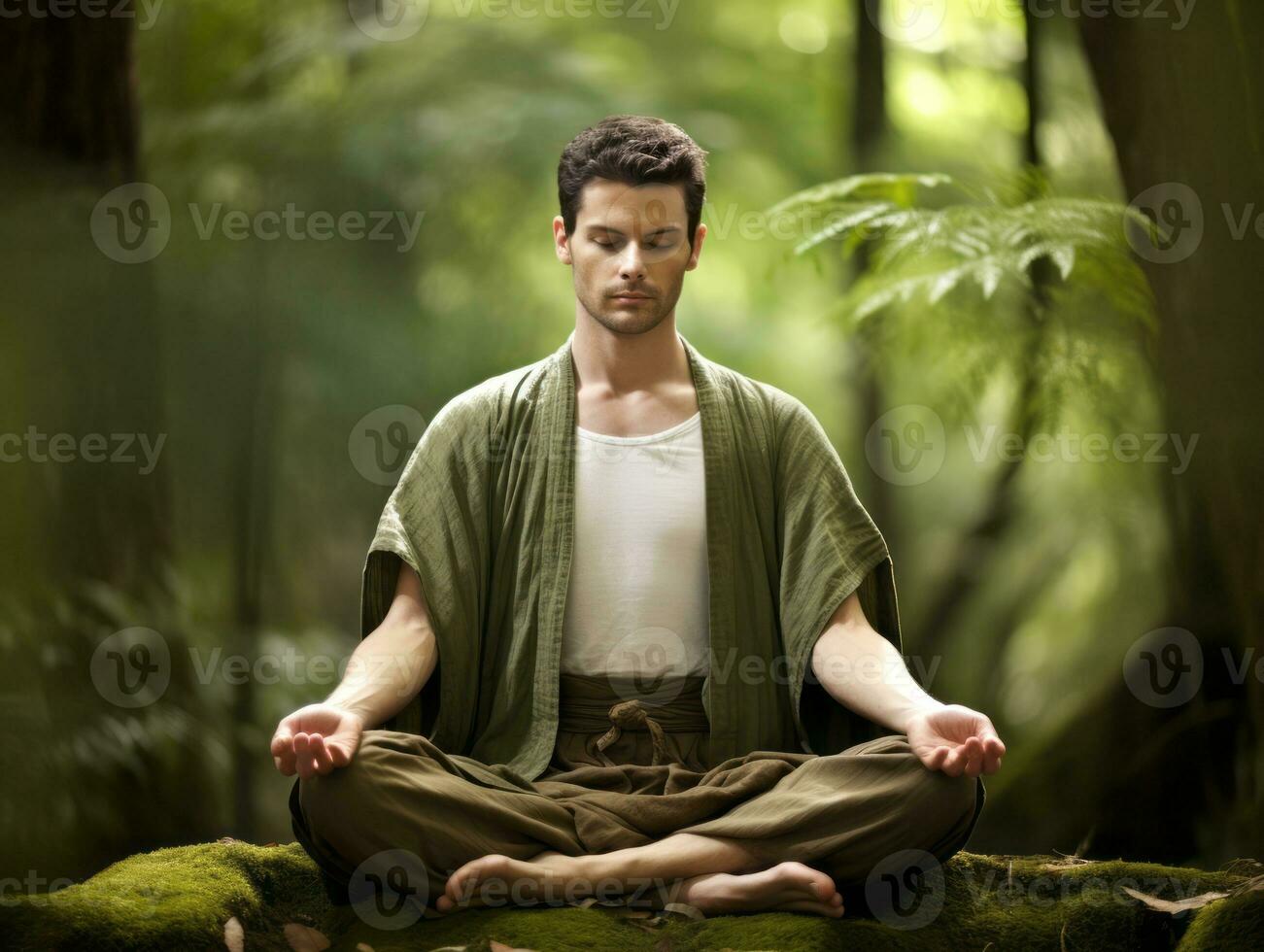 Man meditating in the bosom of nature AI Generative photo