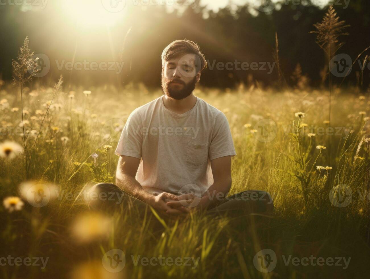 hombre meditando en el seno de naturaleza ai generativo foto