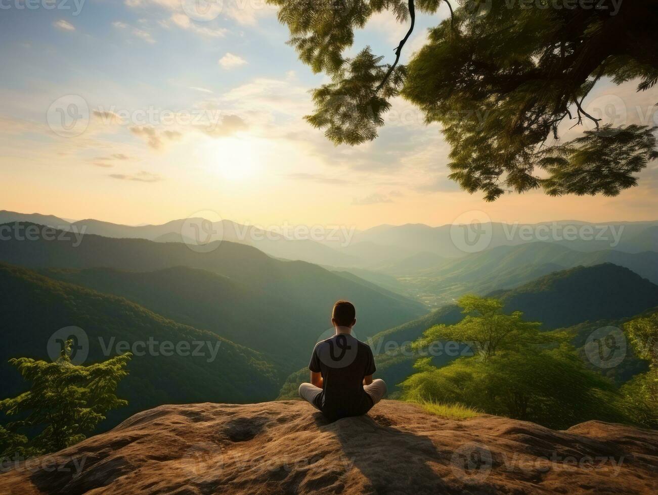 Man meditating in the bosom of nature AI Generative photo