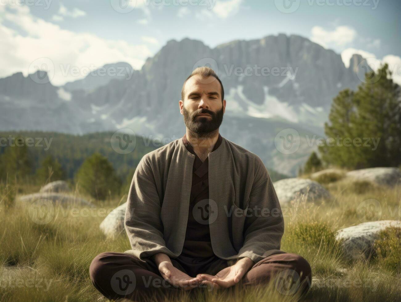 hombre meditando en el seno de naturaleza ai generativo foto