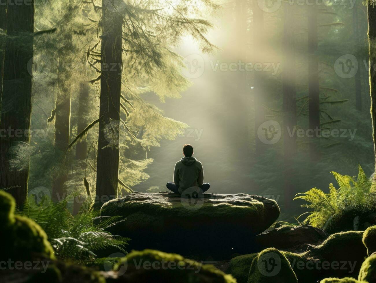 Man meditating in the bosom of nature AI Generative photo