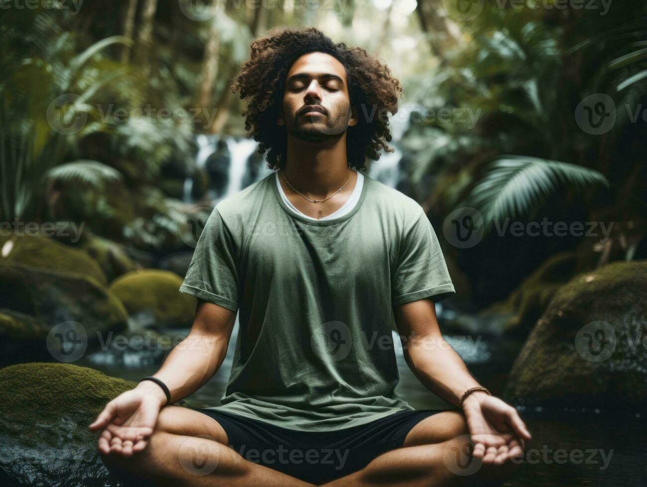 hombre meditando en el seno de naturaleza ai generativo foto