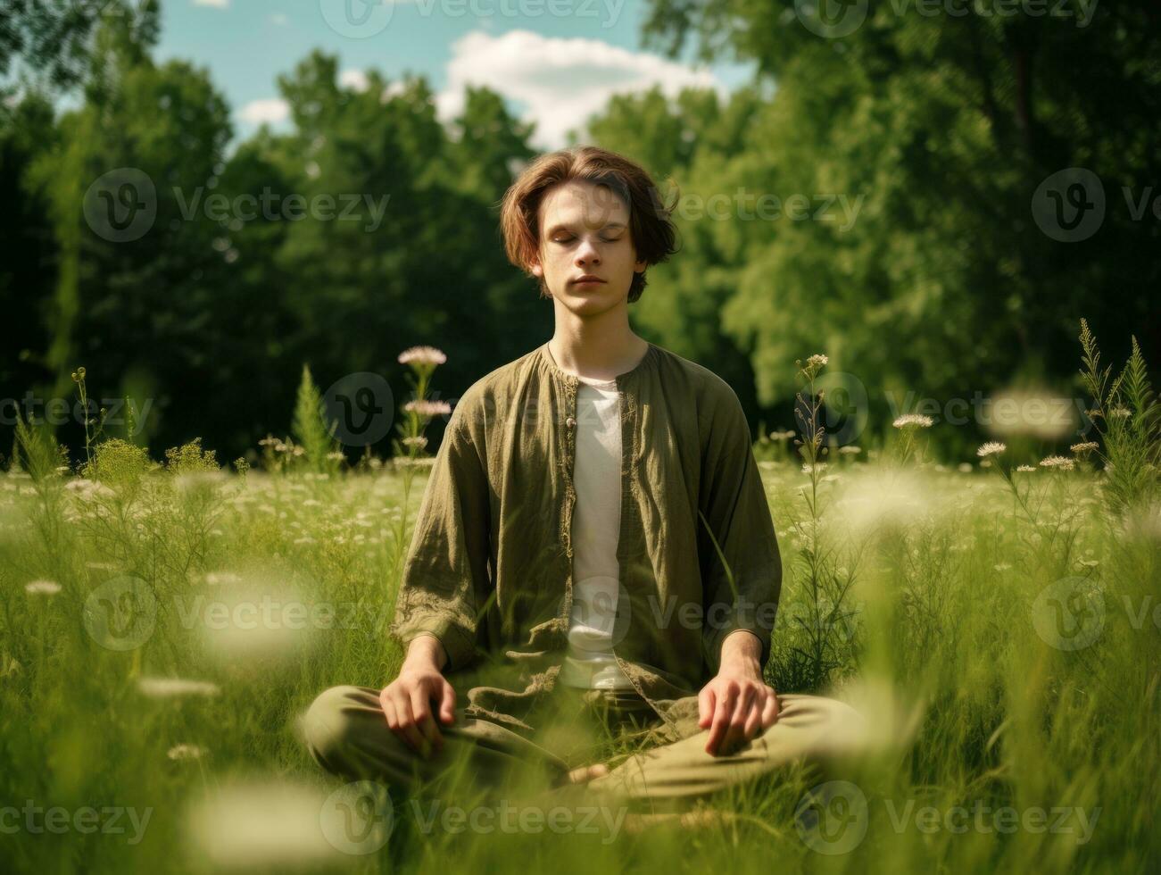 Man meditating in the bosom of nature AI Generative photo