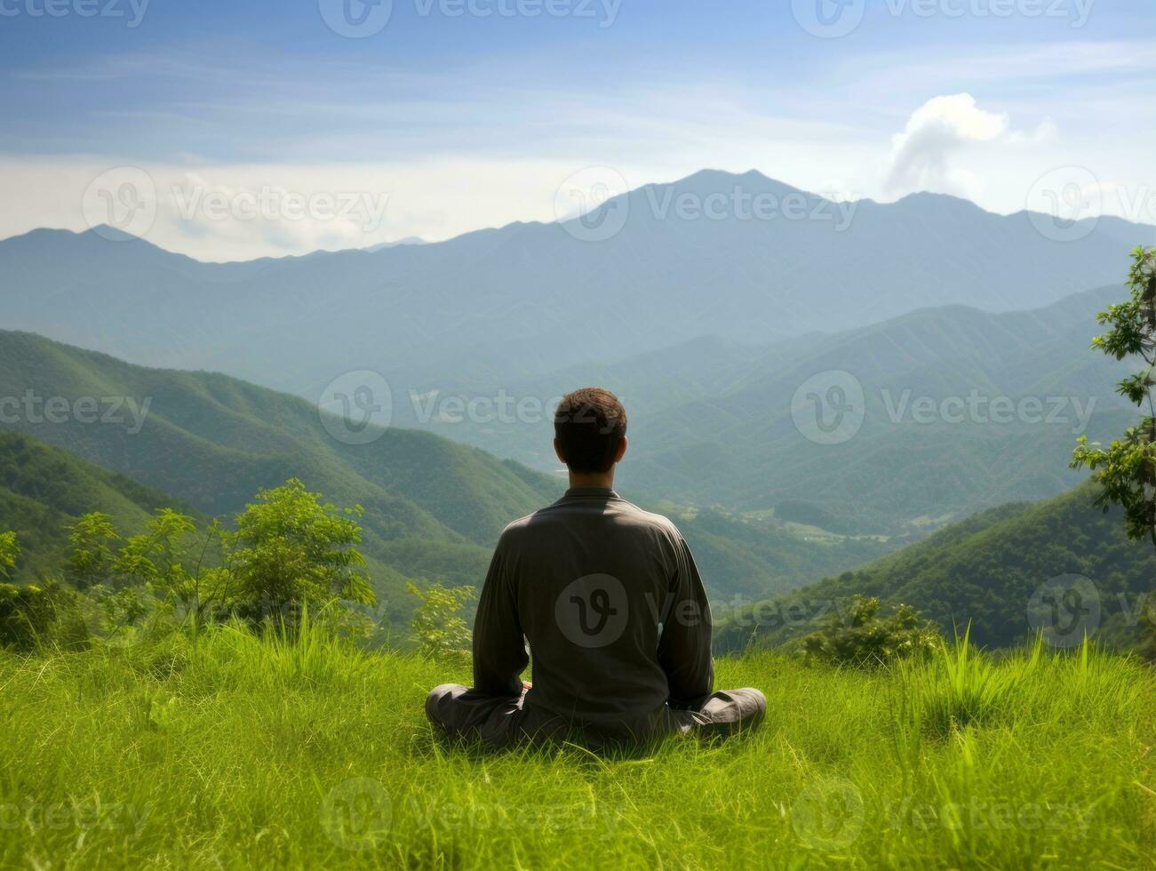 Man meditating in the bosom of nature AI Generative photo