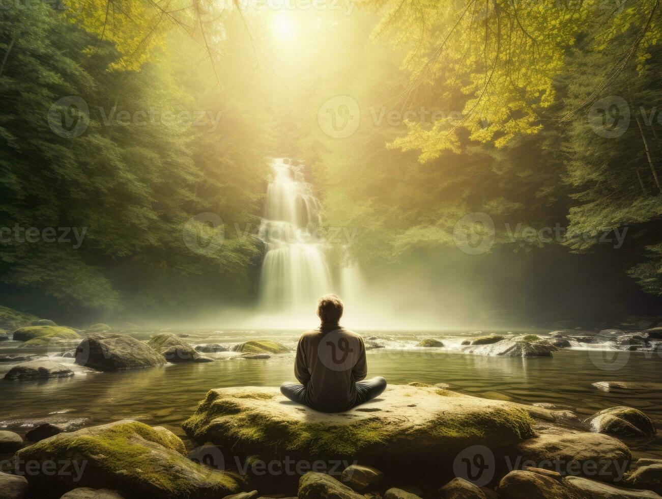 Man meditating in the bosom of nature AI Generative photo