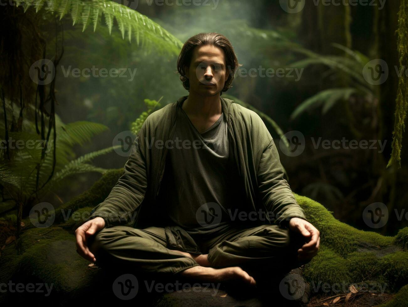 hombre meditando en el seno de naturaleza ai generativo foto