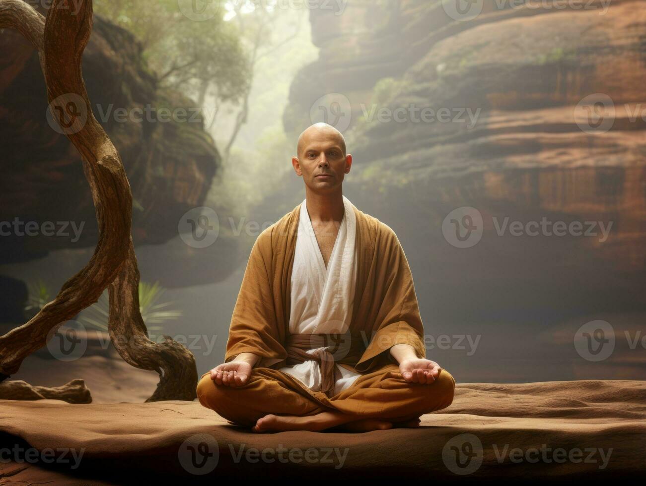 hombre meditando en el seno de naturaleza ai generativo foto