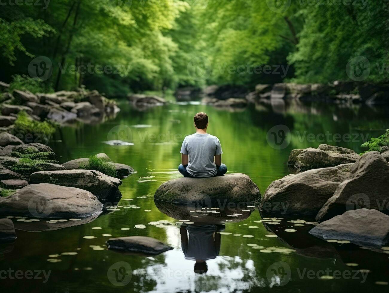 Man meditating in the bosom of nature AI Generative photo