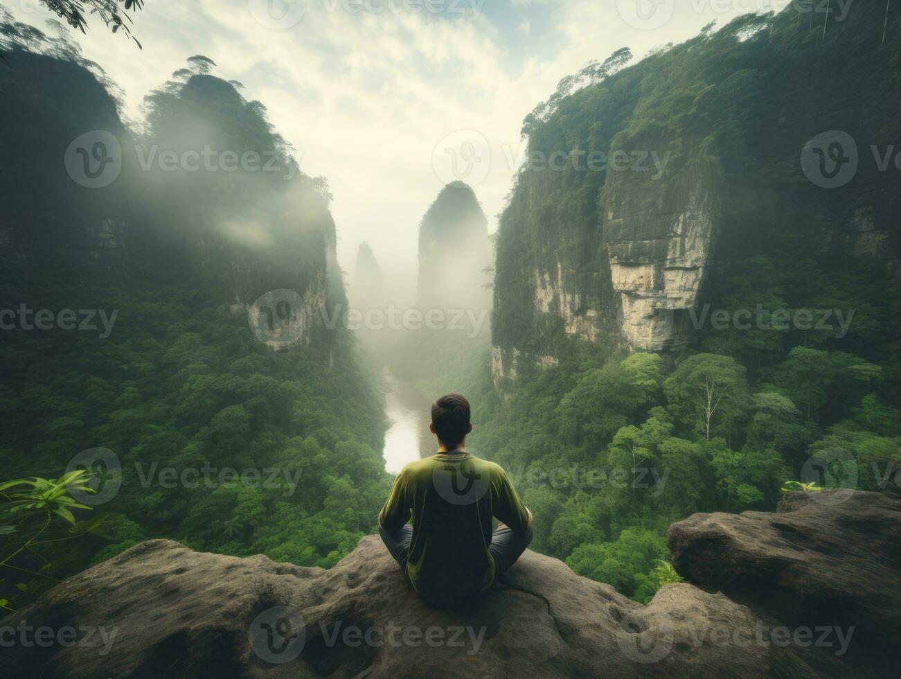 Man meditating in the bosom of nature AI Generative photo