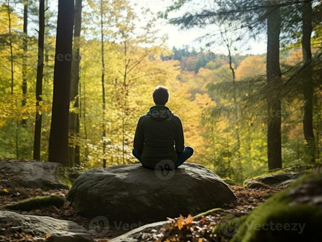 Man meditating in the bosom of nature AI Generative photo