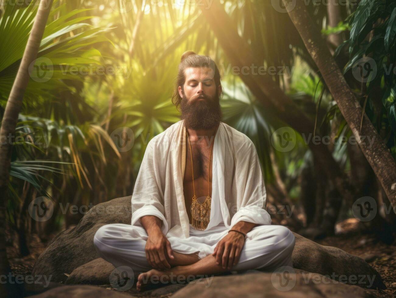 hombre meditando en el seno de naturaleza ai generativo foto