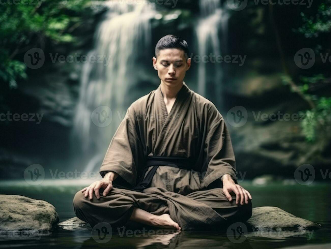 hombre meditando en el seno de naturaleza ai generativo foto