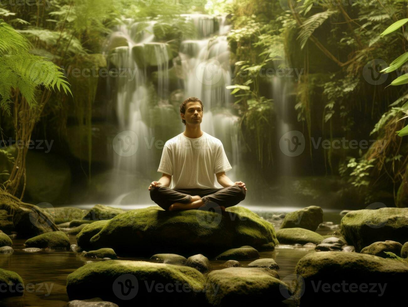 Man meditating in the bosom of nature AI Generative photo