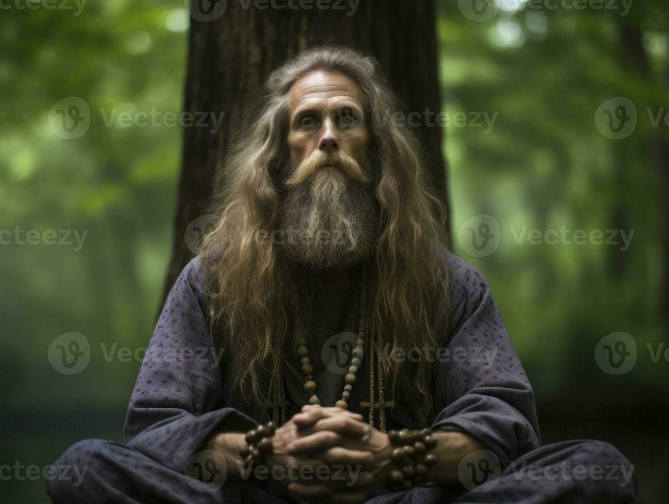 hombre meditando en el seno de naturaleza ai generativo foto