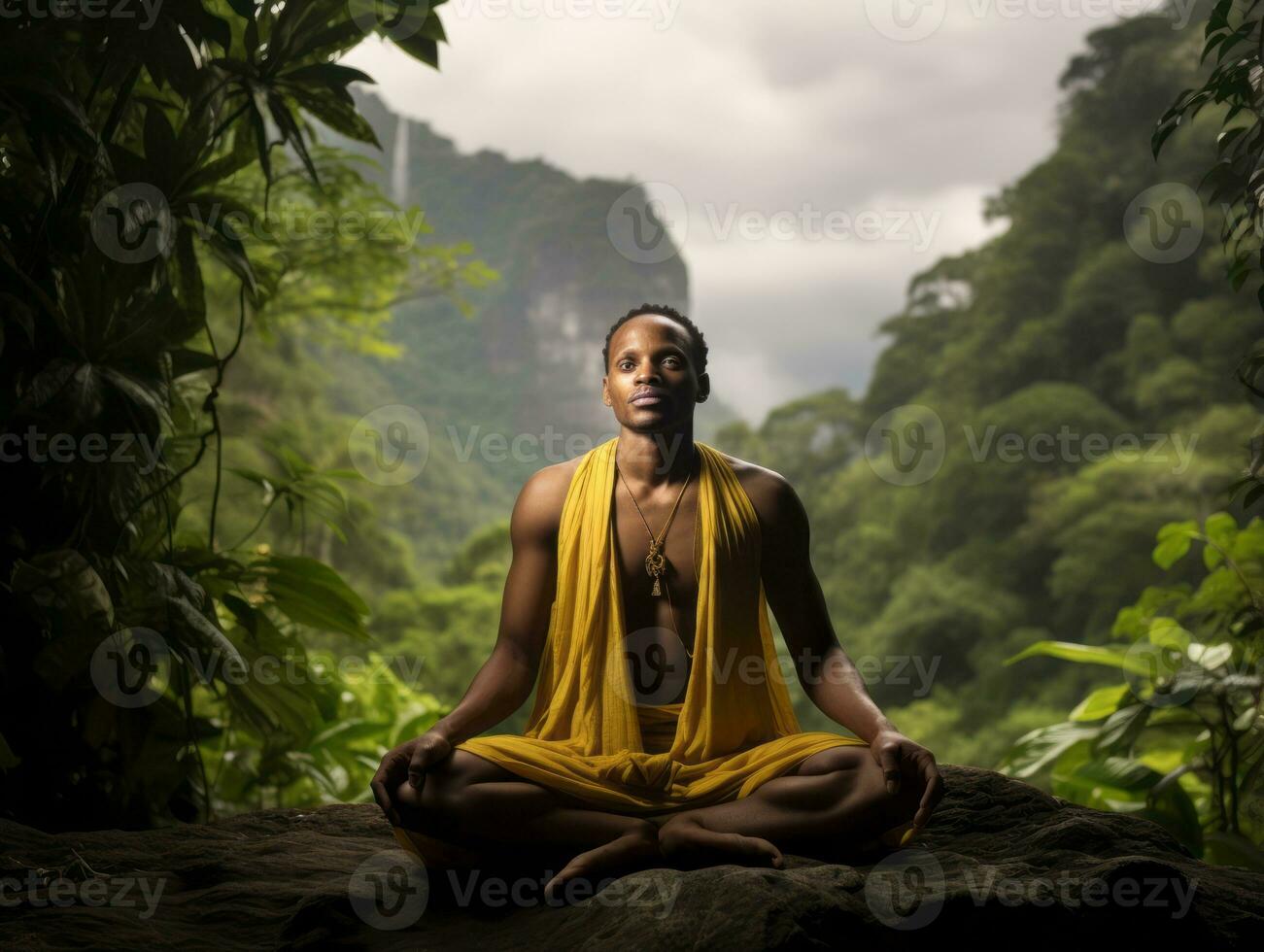 hombre meditando en el seno de naturaleza ai generativo foto