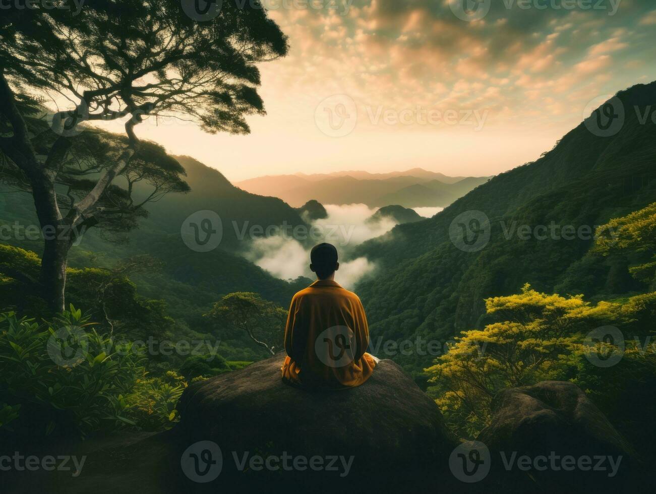 hombre meditando en el seno de naturaleza ai generativo foto