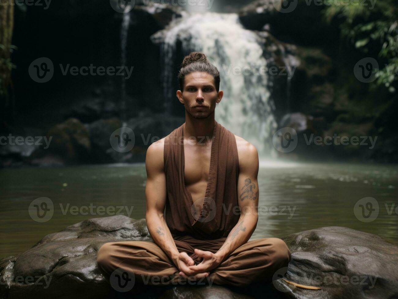 hombre meditando en el seno de naturaleza ai generativo foto