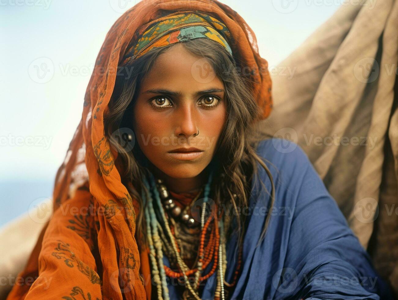 Old colored photograph of arabian woman from early 1900s AI Generative photo