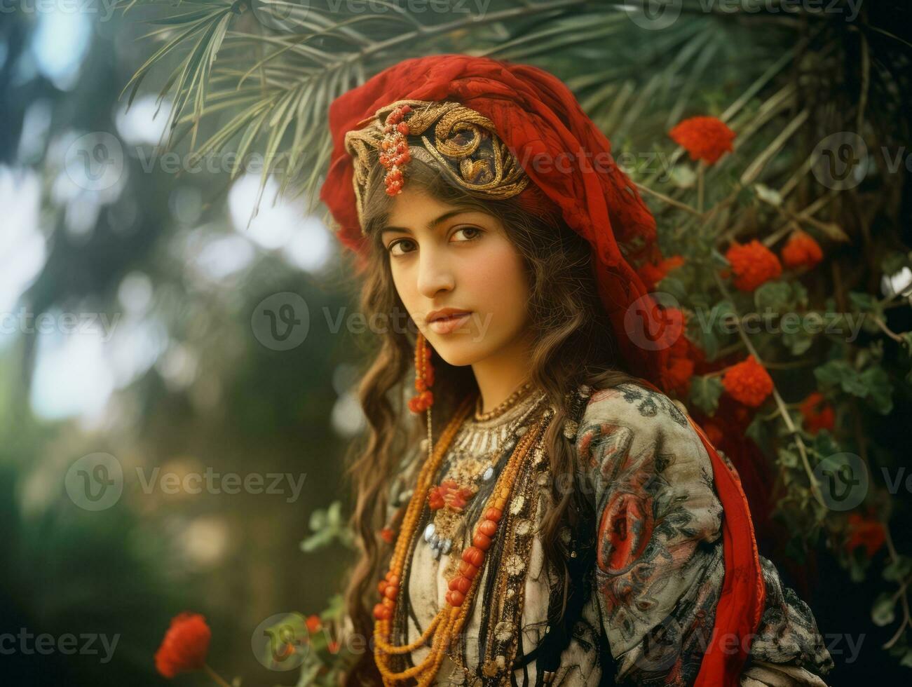 Old colored photograph of arabian woman from early 1900s AI Generative photo