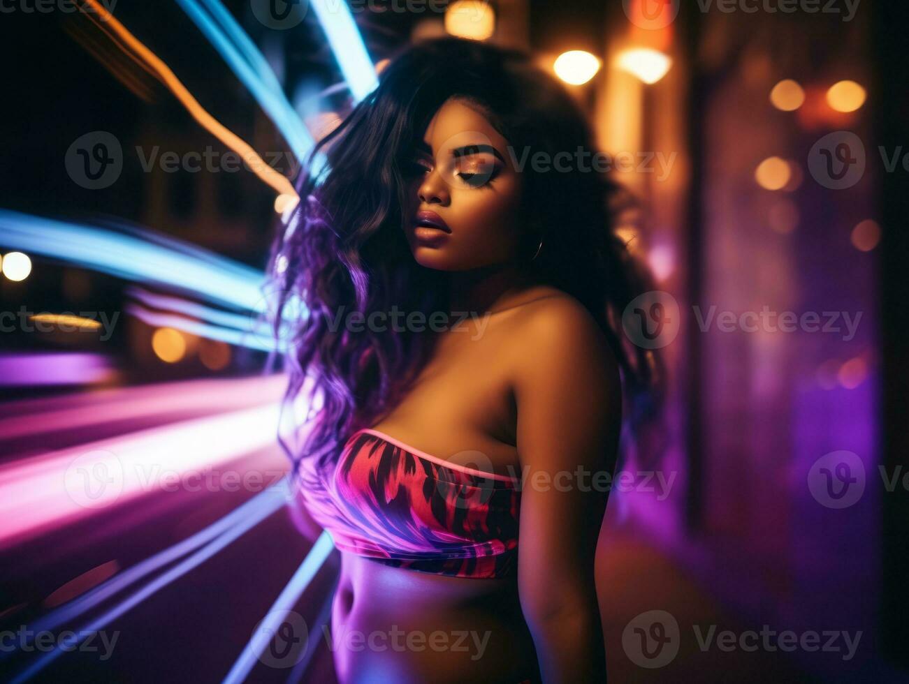 Plus size woman walking confidently through the vibrant neon lit streets AI Generative photo