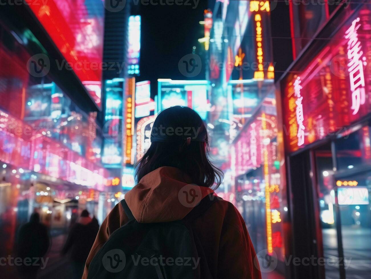 Plus size woman walking confidently through the vibrant neon lit streets AI Generative photo