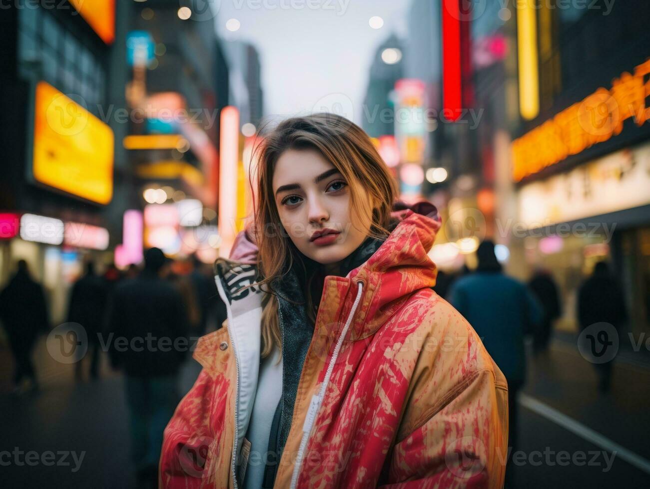 más Talla mujer caminando con confianza mediante el vibrante neón iluminado calles ai generativo foto