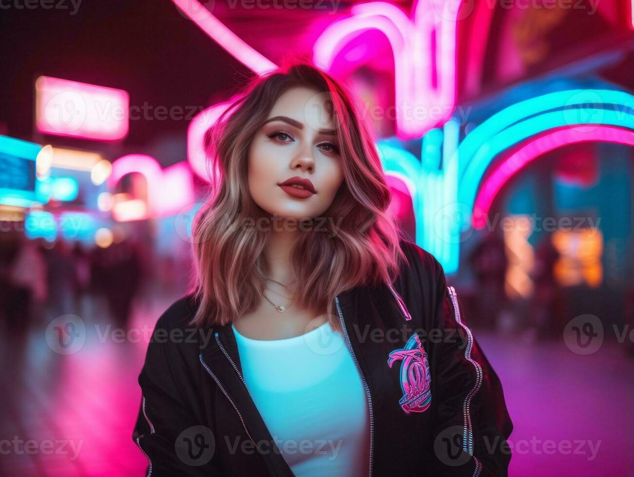 Plus size woman walking confidently through the vibrant neon lit streets AI Generative photo