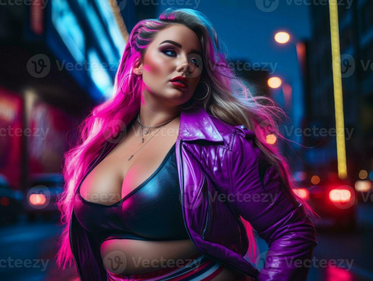 Plus size woman walking confidently through the vibrant neon lit streets AI Generative photo