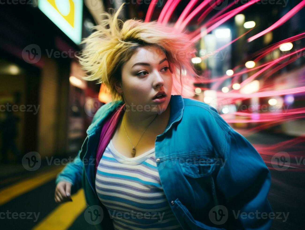 Plus size woman walking confidently through the vibrant neon lit streets AI Generative photo