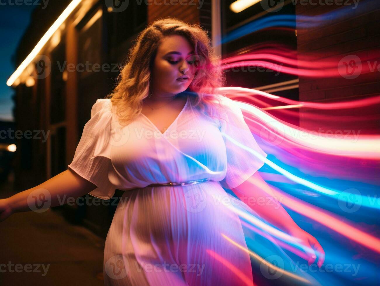 más Talla mujer caminando con confianza mediante el vibrante neón iluminado calles ai generativo foto