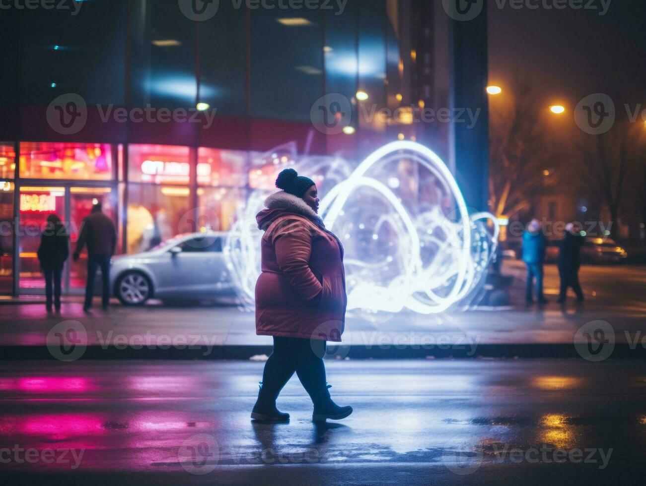 más Talla mujer caminando con confianza mediante el vibrante neón iluminado calles ai generativo foto