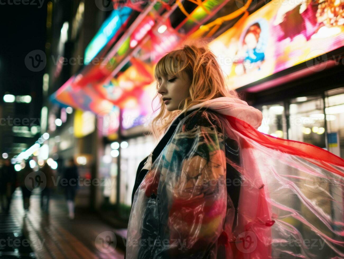 Plus size woman walking confidently through the vibrant neon lit streets AI Generative photo