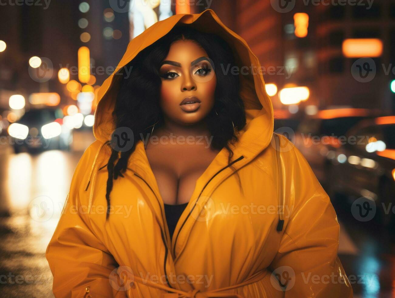 Plus size woman walking confidently through the vibrant neon lit streets AI Generative photo