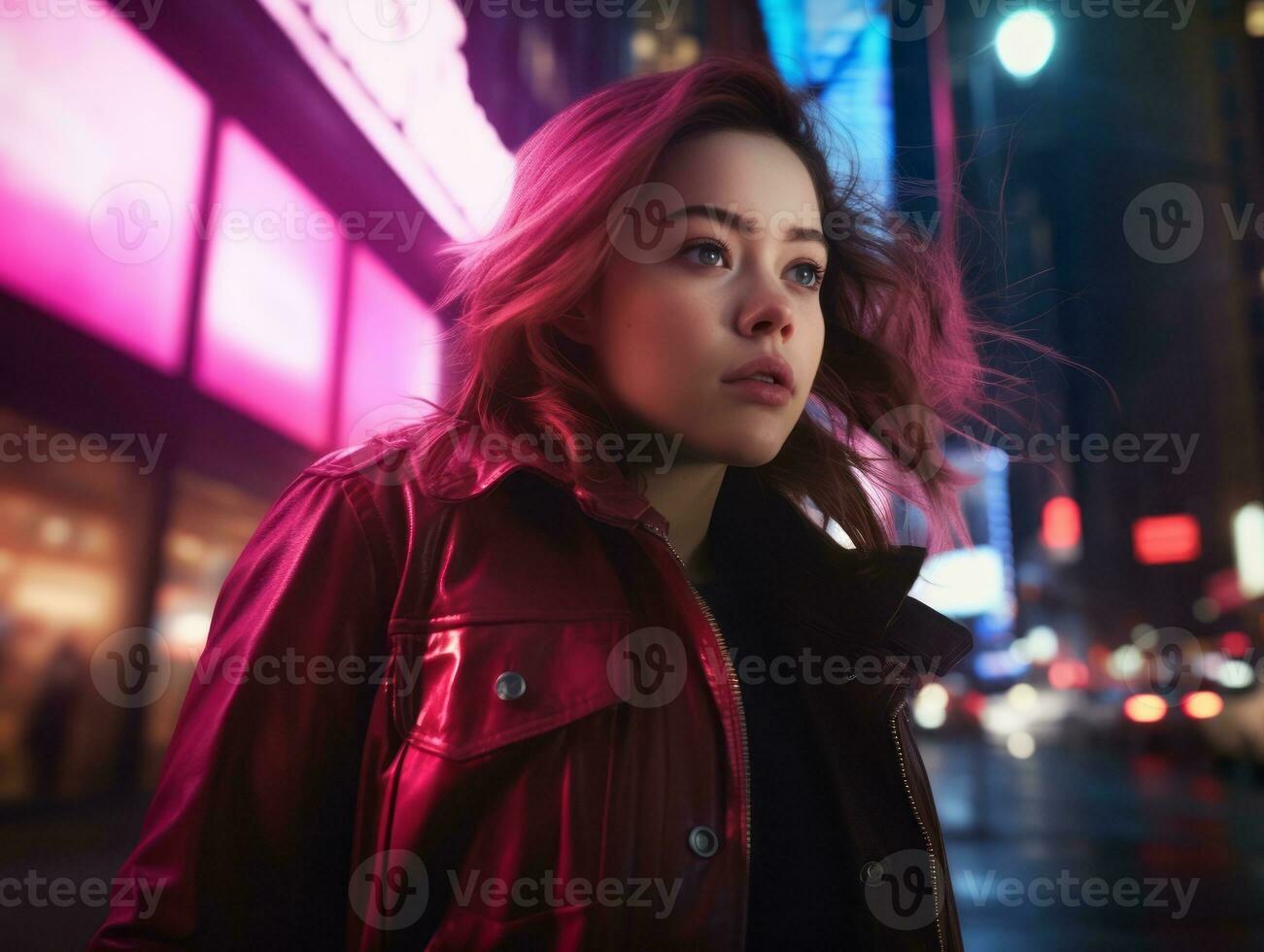 Plus size woman walking confidently through the vibrant neon lit streets AI Generative photo