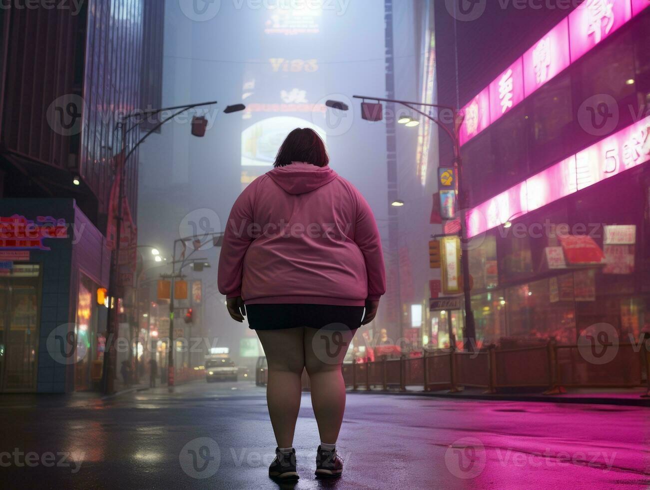 Plus size woman walking confidently through the vibrant neon lit streets AI Generative photo