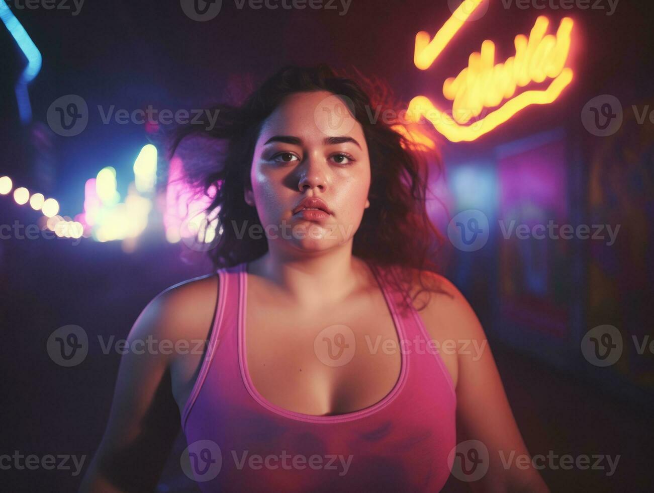 Plus size woman walking confidently through the vibrant neon lit streets AI Generative photo