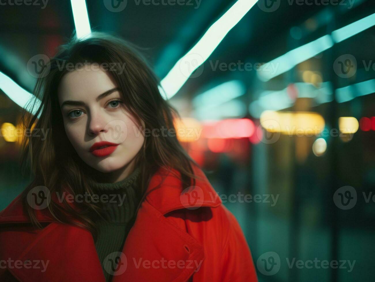 Plus size woman walking confidently through the vibrant neon lit streets AI Generative photo