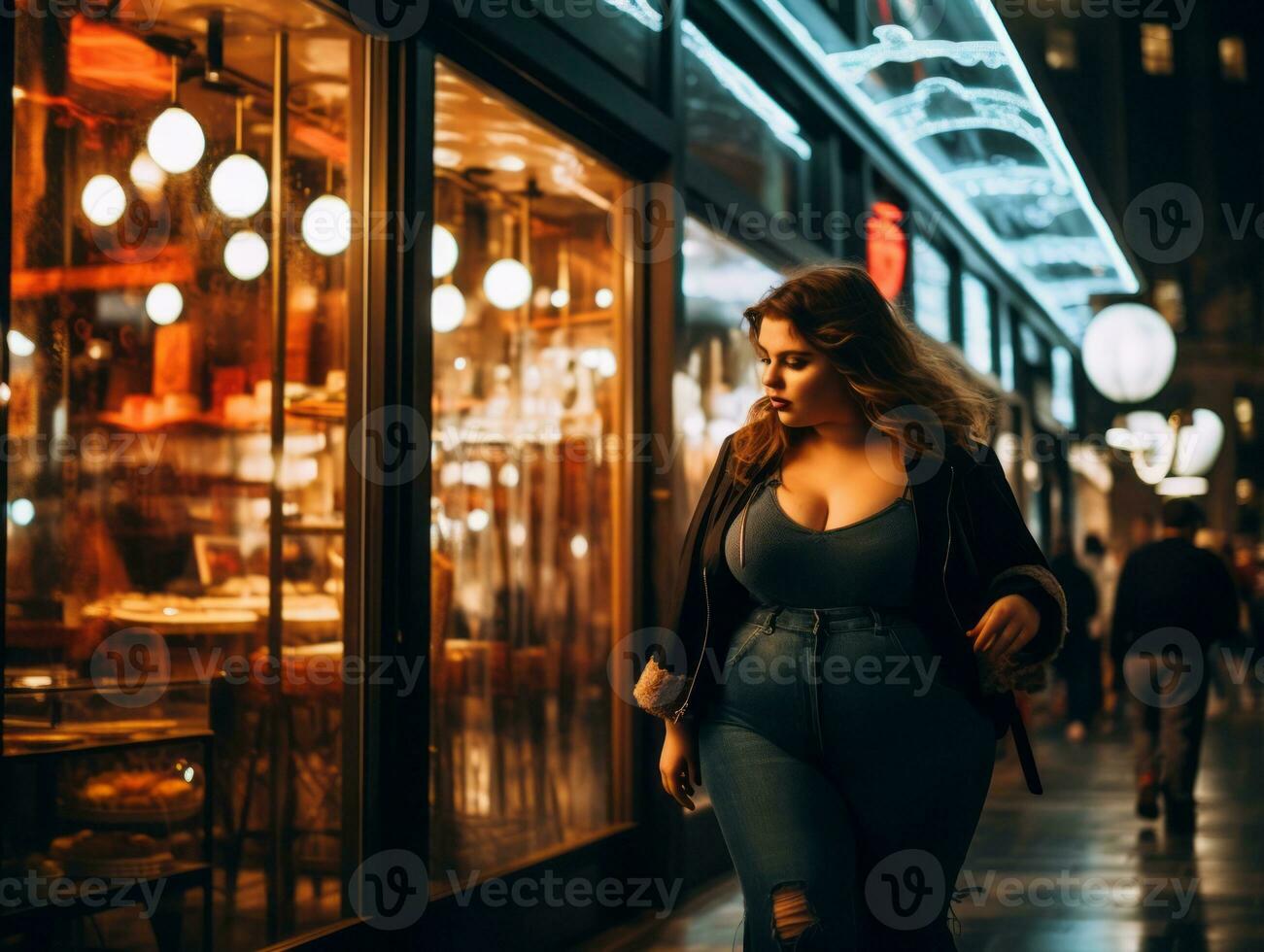 Plus size woman walking confidently through the vibrant neon lit streets AI Generative photo