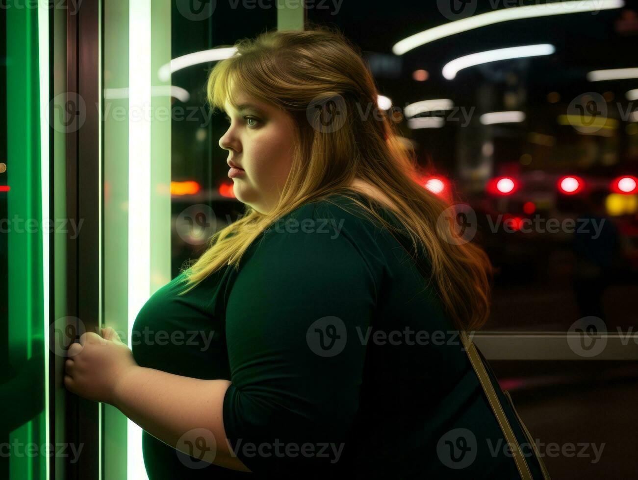 más Talla mujer caminando con confianza mediante el vibrante neón iluminado calles ai generativo foto